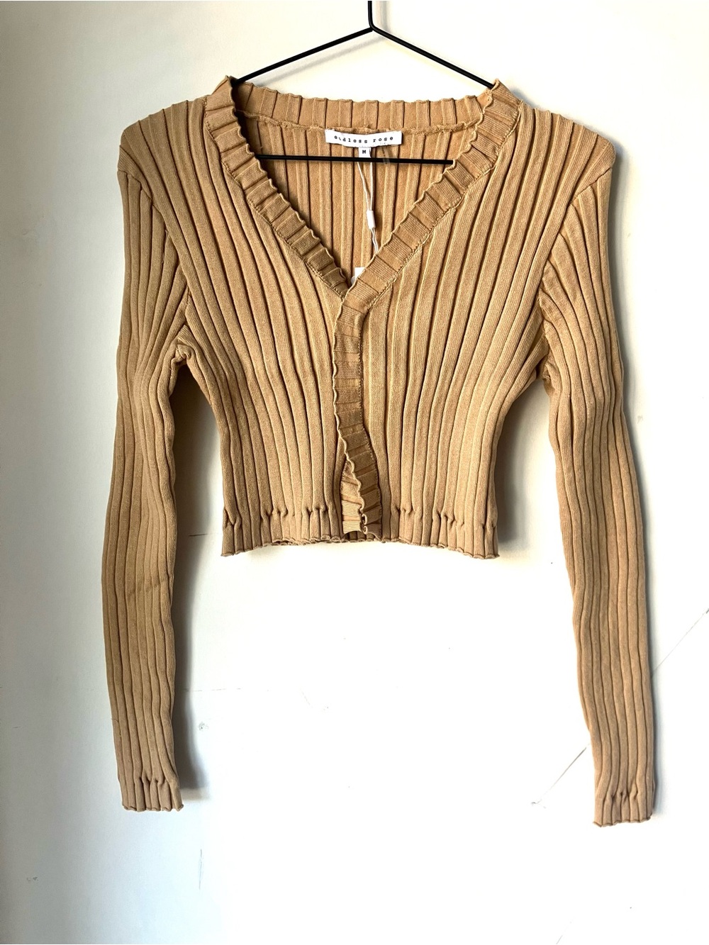 Endless Rose Camel Ribbed V-Neck Cropped knit top